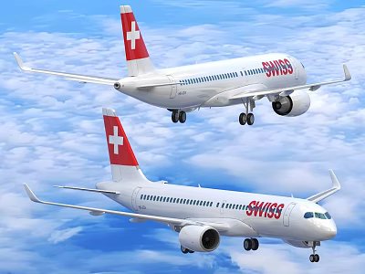 SWISS Passenger Planes Flying In Blue Sky With White Clouds And Red Cross Tails 3d model