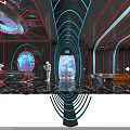 Futuristic Bar With Neon Red Lighting Round Bar Counter Hi tech Decor And Reflective Floor