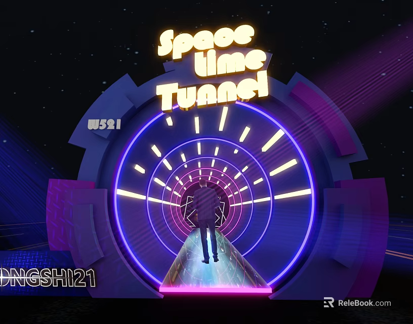 Futuristic Elevator Aisle Featuring Space Time Tunnel And Neon Purple Blue Lighting 3d model 