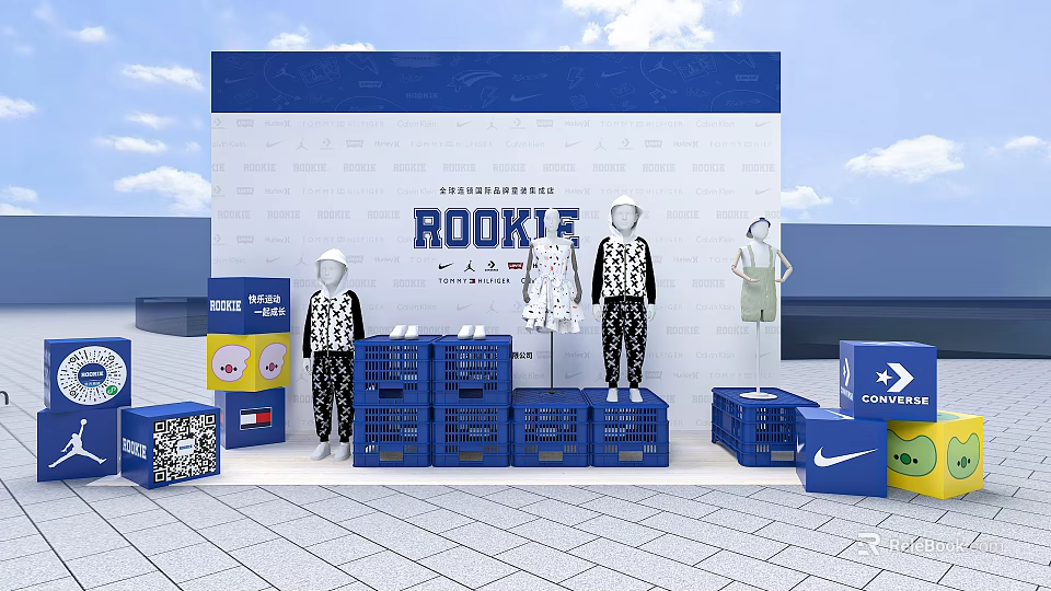 Commercial Outdoor Retail Display with Mannequins Clothing Blue Crates Brand Logos and Rookie Signage 3d model 