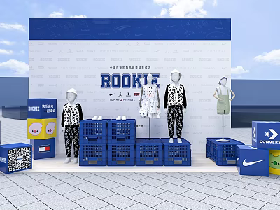 Commercial Outdoor Retail Display with Mannequins Clothing Blue Crates Brand Logos and Rookie Signage 3d model