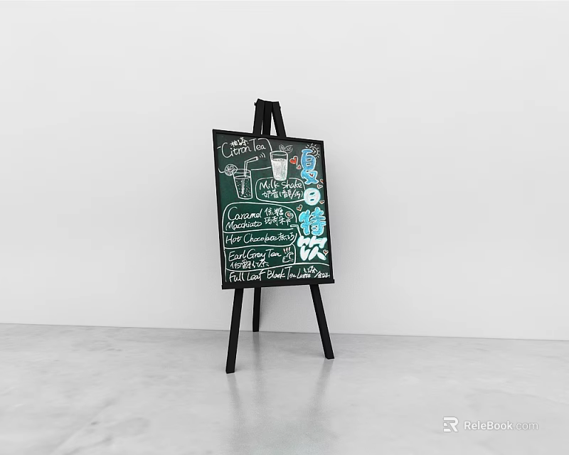 Chalkboard Easel Displaying Musical Instruments And Art Supplies With Hand Drawn Artwork 3d model 