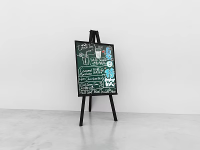 Chalkboard Easel Displaying Musical Instruments And Art Supplies With Hand Drawn Artwork 3d model