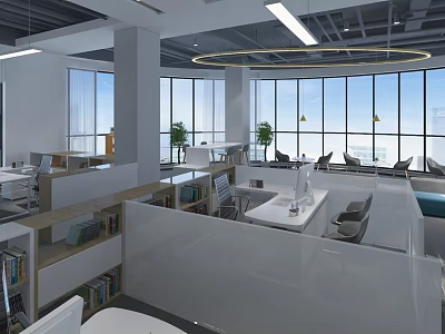 Modern Public Office Space With Open Layout Large Windows Natural Light And Green Plants 3d model