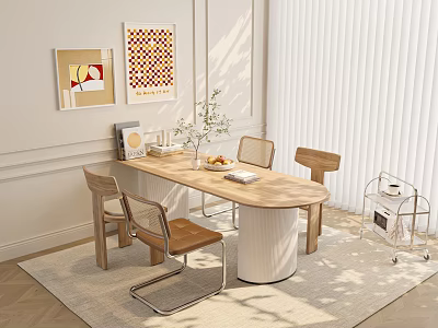 Modern Wooden Oval Dining Table Set With Four Chairs And Decorative Paintings 3d model