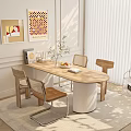 Modern Wooden Oval Dining Table Set With Four Chairs And Decorative Paintings