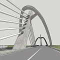 Modern Curved Cable Stayed Bridge Over Blue River With Green Hills Landscape