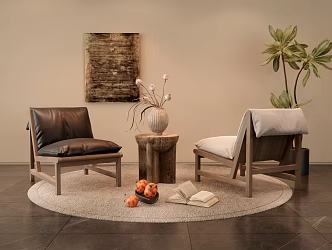 Quiet Chinese and Ancient Style Casual Chair Round Carpet Casual Table and Chair Accessories Ornaments Green Plant and Potted Plant Hanging Paintings 3d model