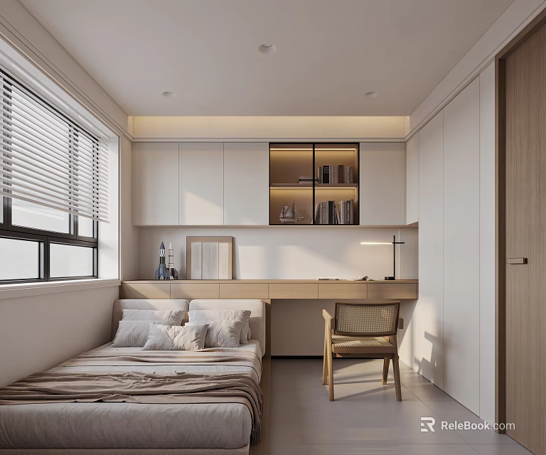 Modern Minimalist Tatami Bedroom Interior With Tatami Bed Desk Chair Window Blinds And Bookshelf 3d model 