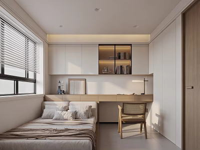Modern Minimalist Tatami Bedroom Interior With Tatami Bed Desk Chair Window Blinds And Bookshelf 3d model
