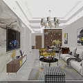 Modern Living And Dining Room Interior With Chandelier TV Wall Sofa Coffee Table And Wine Cabinet