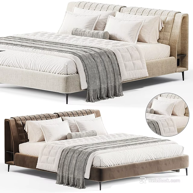 Stylish Double Bed With Tufted Headboard Striped Throw Blanket And Multiple Decorative Pillows 3d model 