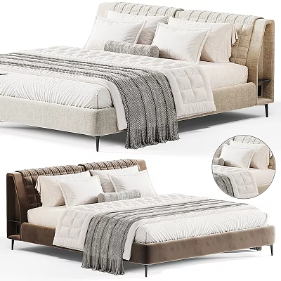 Stylish Double Bed With Tufted Headboard Striped Throw Blanket And Multiple Decorative Pillows 3d model