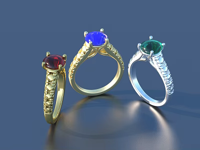 Elegant Gemstone Rings with Ruby Sapphire Emerald Stones in Gold Silver Settings and Intricate Designs 3d model