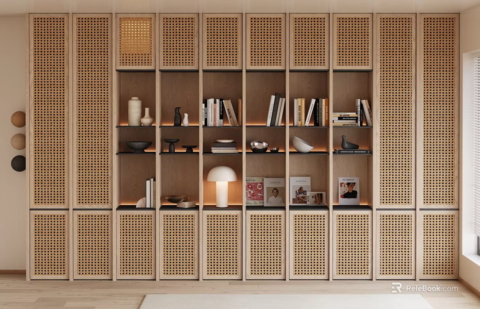 Modern Home Bookcase Interior Design With Open Shelves Rattan Panels And Decorative Items 3d model 