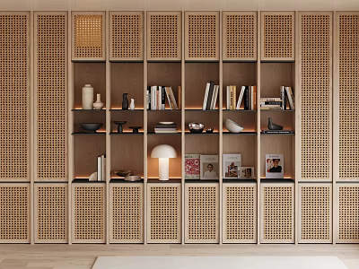 Modern Home Bookcase Interior Design With Open Shelves Rattan Panels And Decorative Items 3d model