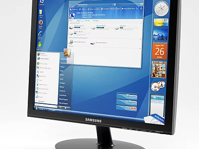 Samsung Computer Monitor With Blue Background Windows Interface Showing Document Icons And Clock 3d model