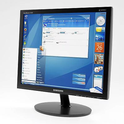 Samsung Computer Monitor With Blue Background Windows Interface Showing Document Icons And Clock 3d model
