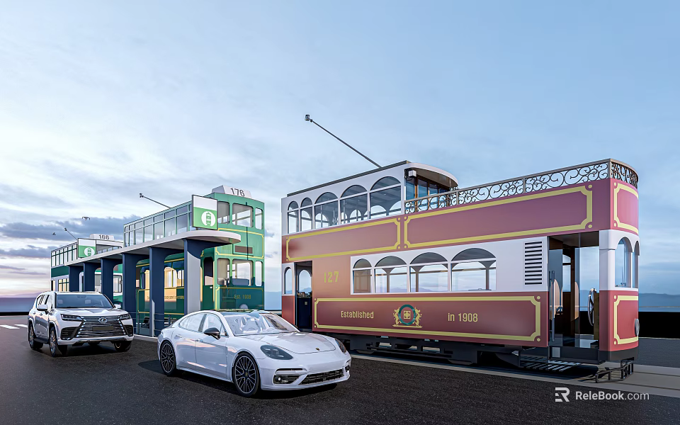 White Sports Car And Black Vehicle Parked Near Vintage Tram At Station 3d model 