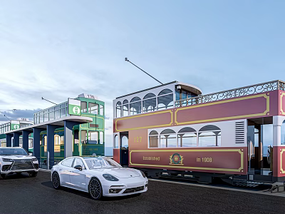 White Sports Car And Black Vehicle Parked Near Vintage Tram At Station 3d model