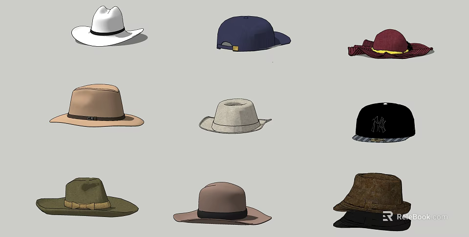 Various Stylish Hats Including Cowboy Baseball Wide Brimmed and Beret Designs 3d model 