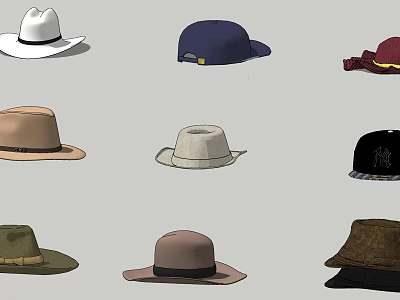Various Stylish Hats Including Cowboy Baseball Wide Brimmed and Beret Designs 3d model