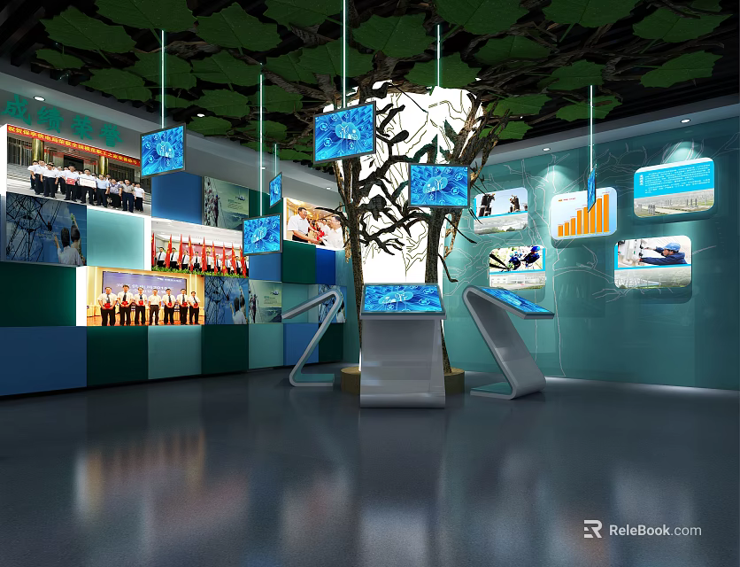 Modern Exhibition Hall Interior With Hanging Screens And Interactive Displays 3d model