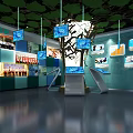 Modern Exhibition Hall Interior With Hanging Screens And Interactive Displays 3d model