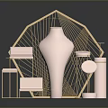 Elegant Gold Geometric Decor Frame With Pink Vase Round Stands And Square Cushions