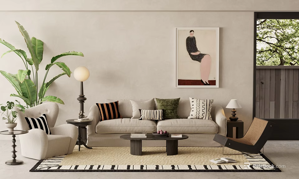 Neutral Sofa and Coffee Table Set With Decorative Pillows Area Rug Floor Lamp and Wall Art 3d model 