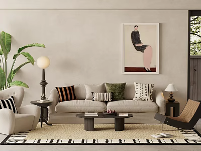 Neutral Sofa and Coffee Table Set With Decorative Pillows Area Rug Floor Lamp and Wall Art 3d model