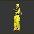 Yellow Costumed Character With Hood Black Belt Holding Blue Object Standing On Gray Background