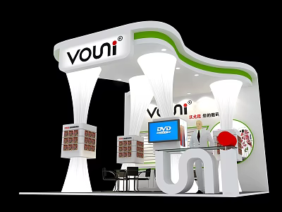 VONI Exhibition Booth with White Green Curved Top Product Display Shelves Screen and Furniture 3d model