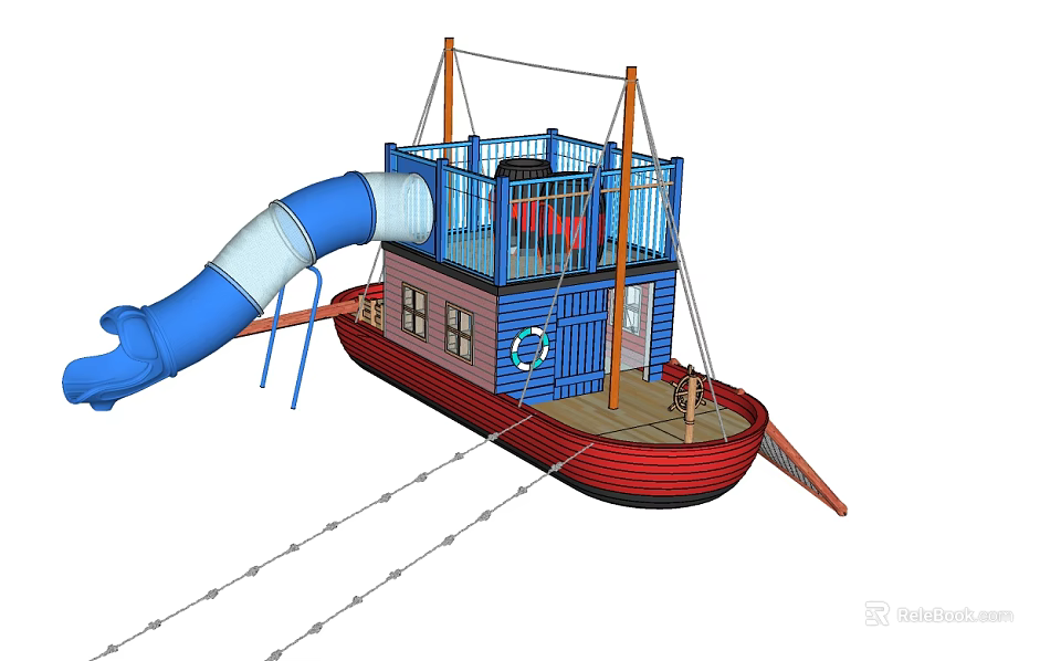 Ship Shaped Children Playground Equipment Featuring Blue White Slide And Red Blue Deck 3d model 