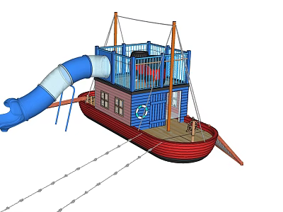 Ship Shaped Children Playground Equipment Featuring Blue White Slide And Red Blue Deck 3d model