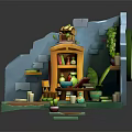 Cartoon Cozy Room With Wooden Shelf Round Window Green Vines Small Table Chair And Potted Plants