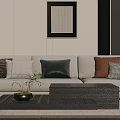 Light Beige Three Seater Sofa With Multiple Pillows And Black Coffee Table Interior 3d model