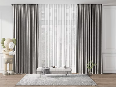Modern Room Interior With Gray Curtains And White Sheer Window Panels 3d model