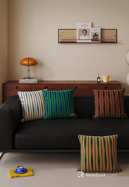 Modern Living and Dining Room Interior With Black Sofa Colorful Striped Pillows And Wooden Cabinet 3d model 