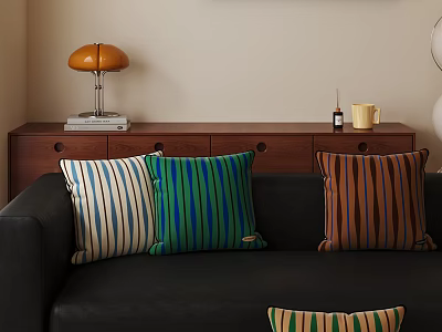 Modern Living and Dining Room Interior With Black Sofa Colorful Striped Pillows And Wooden Cabinet 3d model