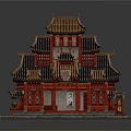 Cartoon Style Traditional Chinese Building With Red Pillars Golden Roofs And Lantern