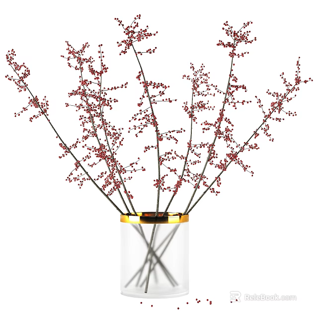Transparent Glass Vase With Gold Rim And Red Berry Branches For Decoration 3d model 