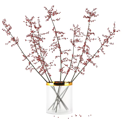 Transparent Glass Vase With Gold Rim And Red Berry Branches For Decoration 3d model