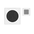 Abstract Paintings With Black Circle And Checkerboard Frames On Gray Wall With Light Shadows