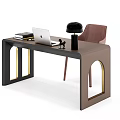 Modern Dark Desk With Arched Legs Gold Accents Apple Laptop Table Lamp And Chair