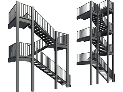 Modern Industrial Metal Staircase with Multiple Floors Platforms Railings and Open Structure 3d model