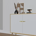 White Entryway Console Cabinet With Gold Handles On Striped Wall Decorative Items And Green Plant