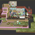 Cartoon Scene with Miniature Room Kitchen Area Staircase Dolls Green Grass and Steps