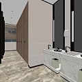 Modern Clean Public Restroom With Stalls Washbasins Marble Countertops Mirrors And Wall Paintings