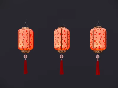 Three Red Lanterns With Gold Patterns And Red Tassels On Black Background 3d model